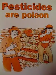 The drawing is in orange ink. It portrays a series of three farmworkers experiencing pesticide poisoning. The woman is coughing, one man is vomiting, and another man is gripping his stomach ache.