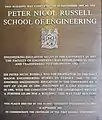 Plaque commemorating the centenary of Russell's £100,000 donation to the School of Engineering, affixed to the northern entrance to the John Woolley Building at the University of Sydney