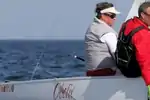 In Soling:Peter Hall (CAN), Committee member World Sailing and three times Soling World Champion (in three continents), during a race of the 2018 Vintage Yachting Games.