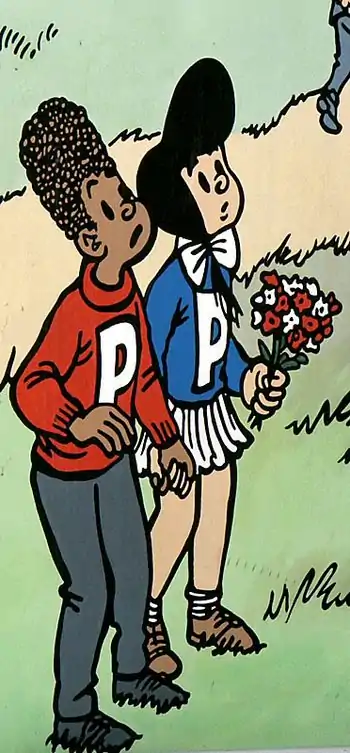 Petoetje (left) and  Petatje (right) depicted on a wall on the Place Saint-Géry/Sint-Goriksplein in Brussels, part of the Brussels' Comic Book Route.