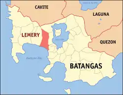 Map of Batangas with Lemery highlighted