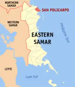 Map of Eastern Samar with San Policarpo highlighted