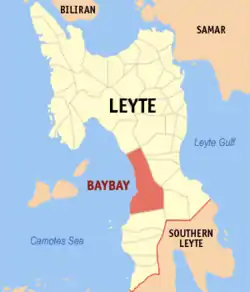 Map of Leyte with Baybay highlighted