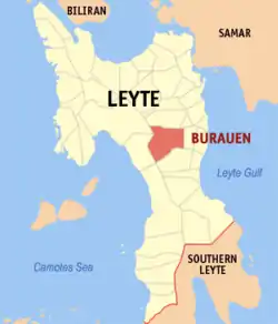Map of Leyte with Burauen highlighted