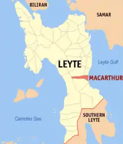 Map of Leyte with MacArthur highlighted