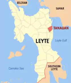 Map of Leyte with Tanauan highlighted