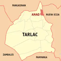 Map of Tarlac with Anao highlighted