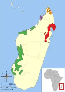 Map of Madagascar, off the southeast coast of Africa, with a range covering parts of the west, northwest, north, and northeast.