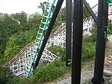 A view of the signature drop on Phantom's Revenge, which passes over two and under two Thunderbolt tracks