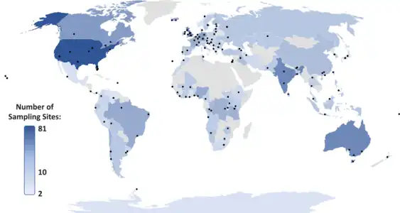 Locations of studied rivers/catchments (n = 137).Points = groups of sampling sites across respective river catchments;Shades of countries = total number of sampling sites.