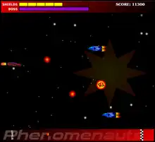 Screenshot of a video game where space ships shoot at each other.