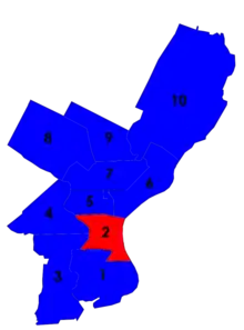 Map of Philadelphia showing city council districts