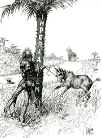 Uncle Sam (representing the United States), gets entangled with rope around a tree labelled "Imperialism" while trying to subdue a bucking colt or mule labeled "Philippines", while a figure representing Spain walks off over the horizon carrying a bag labeled "$20,000,000".