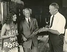 Actress Jacqueline Logan, Frederick O'Brien, and director George Melford on the set of the film Ebb Tide (1922)