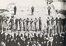 Reconstruction of the execution of Maximilian (right in photograph) Miramón (center) and Mejía (left).
