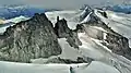 Mt. Carr (top, right of center) with Phyllis's Engine, centered, viewed from west summit of Castle Towers Mountain.