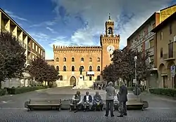 Piazza Quirico Filopanti with the town hall in the background.