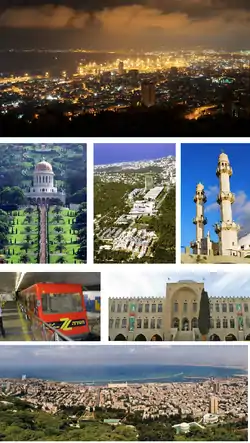 From upper left: Night view of Haifa from Mount Carmel; Baháʼí World Centre; aerial view of the Haifa University; Ahmadiyya Mahmood Mosque; the Carmelit; National Museum of Science, Technology, and Space; day view of Haifa from Mount Carmel.