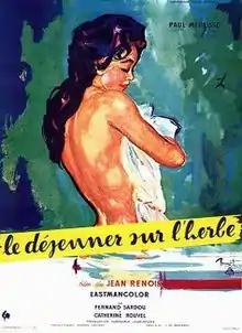 The film poster features a painting of the upper body of a nude, dark haired woman. She looks down, is turned away and covers the front of her body with a piece of cloth. Below her is a yellow stripe with the film's French title written in lower case.