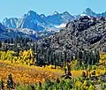 Clyde Spires far left, Picture Peak (left),Mt. Wallace's summit centered (behind ridge), Mt. Haeckel in upper right.