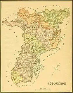 Barony map of County Roscommon, 1900; Athlone barony is in the south, coloured purple, undivided.