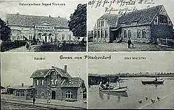 Pötschendorf in the 1900s, showing the palace, school building (1907), the rail station (1908) and the lake