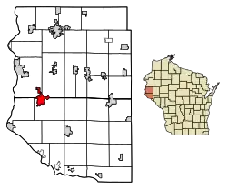 Location of River Falls in Pierce Countyand St. Croix County, Wisconsin.