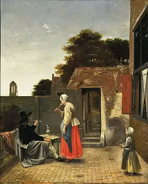 A Man Smoking and a Woman Drinking in a Courtyard, by Pieter de Hooch