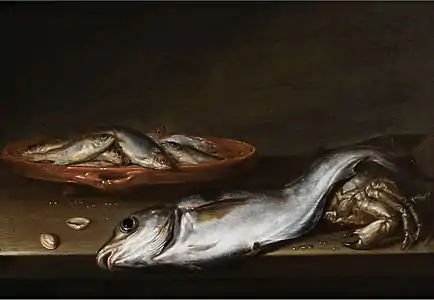 Still life of fish on a wooden table; probably 1650s)