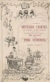 Victorian theatre programme, with sketches of scenes from the play, including three young women wearing masks