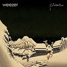 A village in a mountainous landscape during night. A man with a conical hat and a cane, and a saddled horse can be seen in the foreground. At the top left corner of the image is written "Weezer", and at top right is "Pinkerton".