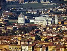Aerial view with the complex of the Piazza dei Miracoli from the south