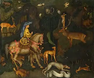 The Vision of Saint Eustace by Pisanello, c. 1440. The dandyish saint wears an especially voluminous chaperon in style A. As with some other hats by Pisanello, the depiction may be rather exaggerated compared to hats worn in reality.