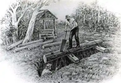 Woodcut showing work above a saw pit