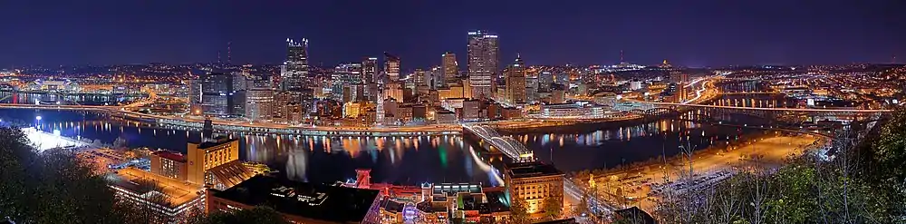 Nighttime view of the Pittsburgh city from Grandview Avenue
