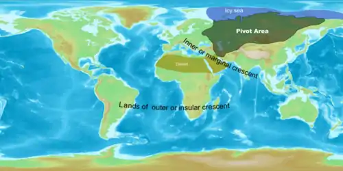 Image 25Sir Halford Mackinder's Heartland concept showing the situation of the "pivot area" established in the Theory of the Heartland. He later revised it to mark Northern Eurasia as a pivot while keeping area marked above as Heartland. (from Geopolitics)
