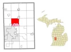 Location within Kent County (red) and administered portions of the Comstock Park (1) and Northview (2) CDPs (pink)