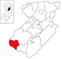 Location of Plainsboro Township in Middlesex County highlighted in red (right). Inset map: Location of Middlesex County in New Jersey highlighted in black (left).