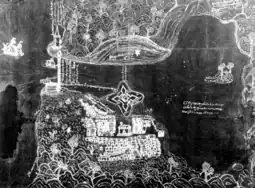 Morro castle and La Punta protected the entrance of the harbor with a chain strung out across the water, known as the  boom defense. Drawing by Francisco Calvillo, 1576