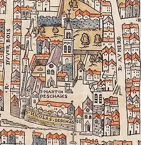 The church in 1550 below the Priory of Saint Martin