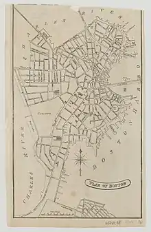 1813 map of Boston by Edward Cotton.  The image is black and white, and shows the peninsula of Boston and its irregular streets, with the Charles River to the north and west, and Boston Harbor to the east.