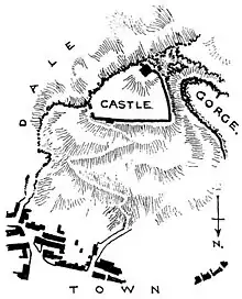 A plan showing Peveril Castle in relation to the settlement of Castleton. The triangular castle sits on a hill south of Castleton.