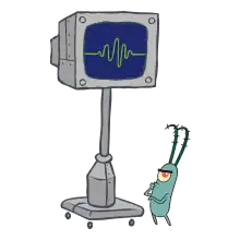 An animated computer monitor on a base with wheels stands next to a small, dark green, one-eyed copepod.