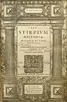 Title page of Plantarum seu stirpium historia, by Mathias l'Obel