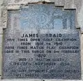 A plaque on the building commemorating the life of James Braid