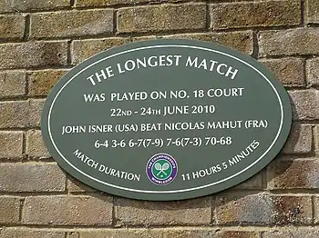 Image 42Commemorative plaque at Court 18 marking the longest tennis match in history. (from Wimbledon Championships)