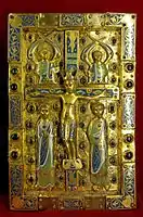 Book-cover plaque with appliqué enamelled figures, 13th century