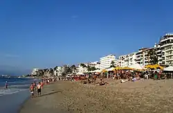 Photograph of a beach lined with visitors