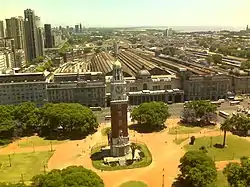 Plaza Fuerza Aérea Argentina, with the Torre Monumental in the center and the Retiro railway station in the background.