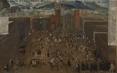 The unfinished cathedral of Lima in the Plaza Mayor, painting of 1680. Museo de América (Madrid).